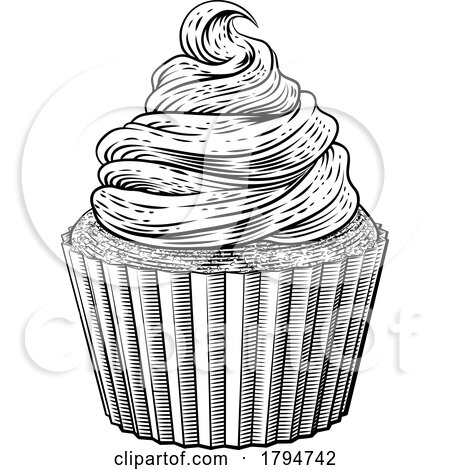 Cup Cake Cupcake Muffin Cream Vintage Woodcut by AtStockIllustration