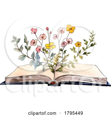Watercolor Flowers Emerging from an Open Book by yayayoyo