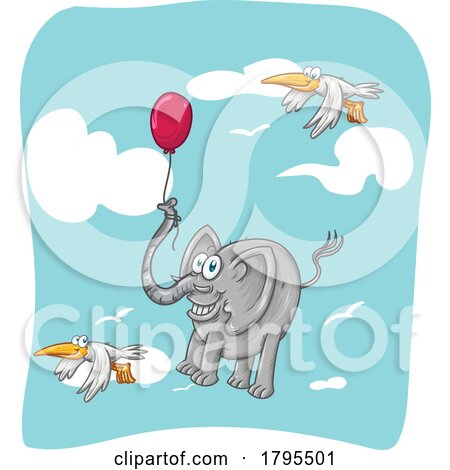 Cartoon Elephant Floating with Birds and a Balloon by Domenico Condello