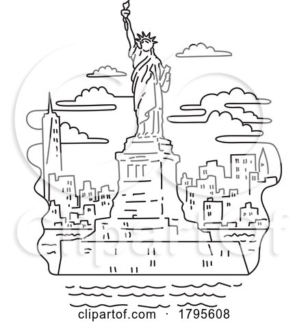 Statue of Liberty with New York City Skyline USA Mono Line Art by patrimonio
