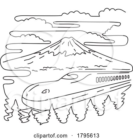 Mount Fuji and Shinkansen Bullet Train in Japan Mono Line Art by patrimonio