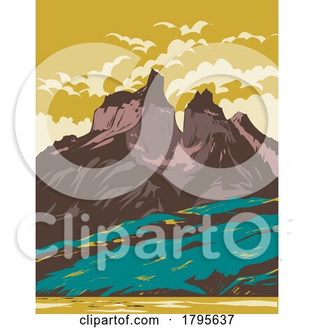 Torres Del Paine National Park from Lake Pehoe in Chile WPA Art Deco Poster by patrimonio