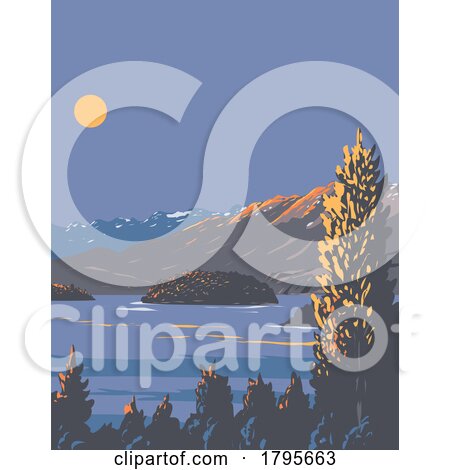 Nahuel Huapi Lake or Lago Nahuel Huapí in Northern Patagonia Argentina WPA Art Deco Poster by patrimonio