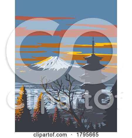 Mount Fuji and Pagoda in Winter Honshu Japan WPA Art Deco Poster by patrimonio