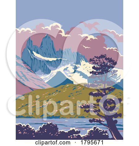 Monte Fitz Roy with Viedma Lake in Patagonia Argentina WPA Art Deco Poster by patrimonio
