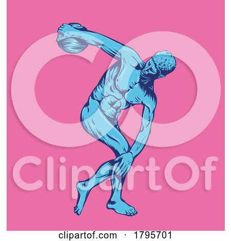 Sculpture of Discobolus in Blue over a Pink Background by Domenico Condello