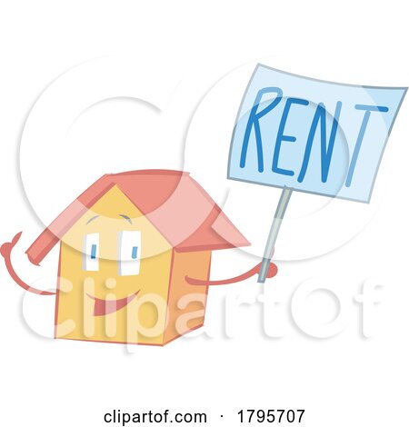 Cartoon Happy House Mascot Holding a Rent Sign by Domenico Condello