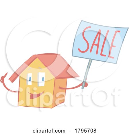 Cartoon Happy House Mascot Holding a Sale Sign by Domenico Condello