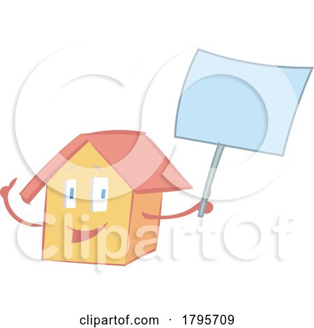 Cartoon Happy House Mascot Holding a Blank Sign by Domenico Condello