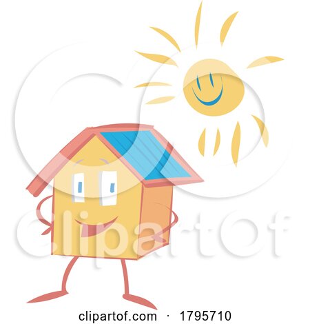 Cartoon Happy House Mascot with the Sun and Solar Panel by Domenico Condello