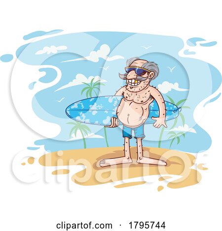 Cartoon Senior Surfer Dude on a Beach by Domenico Condello