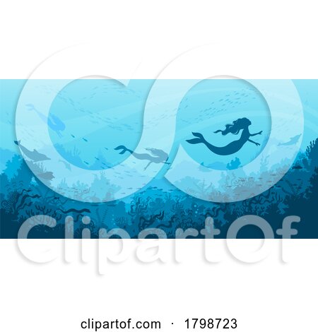 Ocean Background with Silhouetted Mermaids and Sea Life by Vector Tradition SM