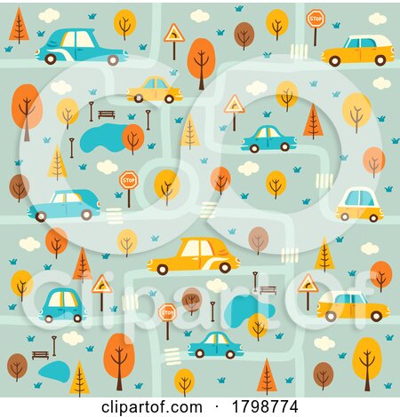 Retro Car and Autumn Tree Pattern Background by Vector Tradition SM