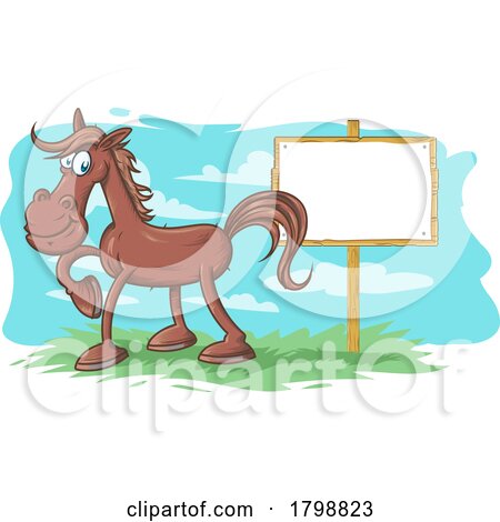Cartoon Brown Horse Mascot by a Blank Sign by Domenico Condello