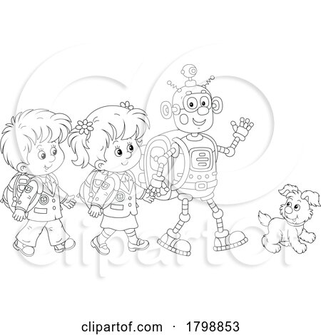 Cartoon School Children and Robot Walking to School by Alex Bannykh