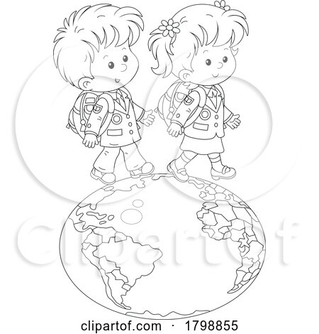 Cartoon School Children Walking on a Globe by Alex Bannykh