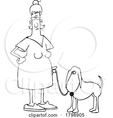 Cartoon BW Woman Walking Her Dog by djart