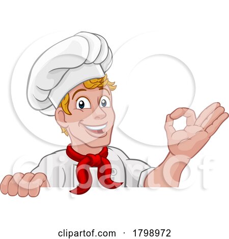 Chef Cook Baker Man Cartoon Peeking over Sign by AtStockIllustration