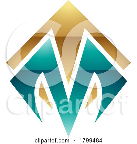Persian Green and Gold Glossy Square Diamond Shaped Letter M Icon by cidepix