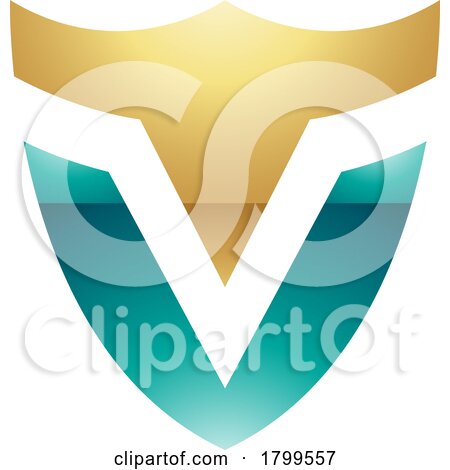 Persian Green and Gold Glossy Shield Shaped Letter V Icon by cidepix