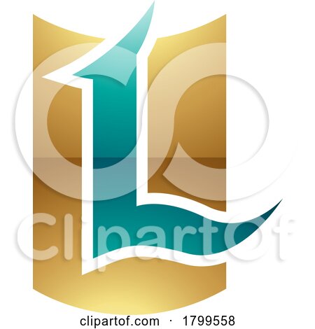 Persian Green and Gold Glossy Shield Shaped Letter L Icon by cidepix