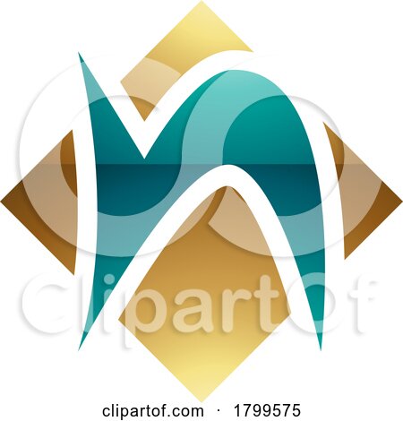 Persian Green and Gold Glossy Letter N Icon with a Square Diamond Shape by cidepix
