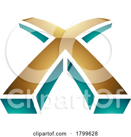 Persian Green and Gold Glossy 3d Shaped Letter X Icon by cidepix