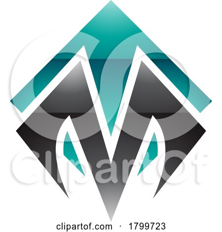 Persian Green and Black Glossy Square Diamond Shaped Letter M Icon by cidepix