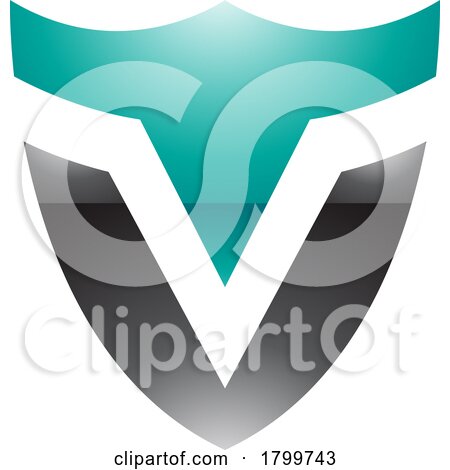 Persian Green and Black Glossy Shield Shaped Letter V Icon by cidepix