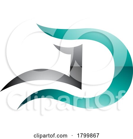 Persian Green and Black Glossy Letter D Icon with Wavy Curves by cidepix