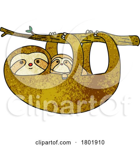 Cartoon Clipart Mamma and Baby Sloths Hanging from a Branch by lineartestpilot