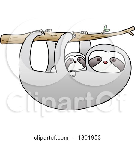 Cartoon Clipart Mamma and Baby Sloths Hanging from a Branch by lineartestpilot