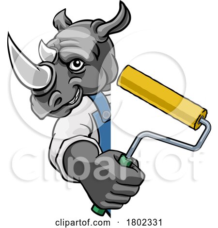 Rhino Painter Decorator Paint Roller Mascot Man by AtStockIllustration