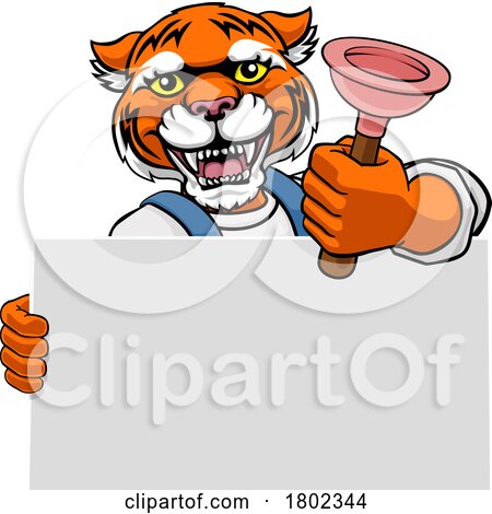 Plumber Tiger Plunger Cartoon Plumbing Mascot by AtStockIllustration