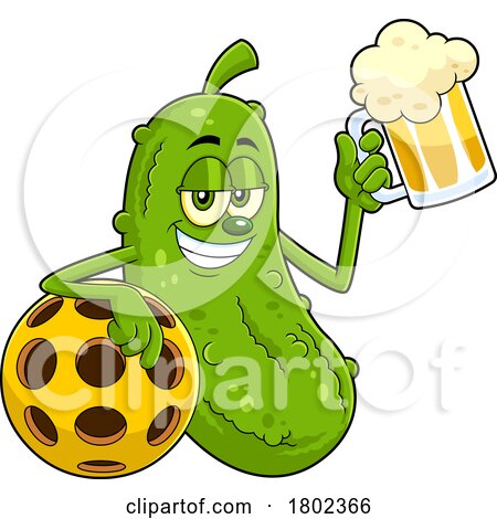 Cartoon Clipart Pickleball Pickle Mascot Holding a Beer by Hit Toon