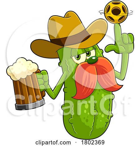 Cartoon Clipart Cowboy Pickleball Pickle Mascot Holding a Beer by Hit Toon