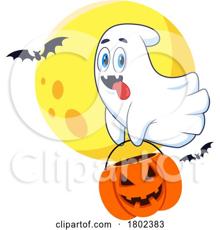 Cartoon Clipart Ghost Flying with a Pumpkin Halloween Candy Bucket Against a Full Moon by Hit Toon