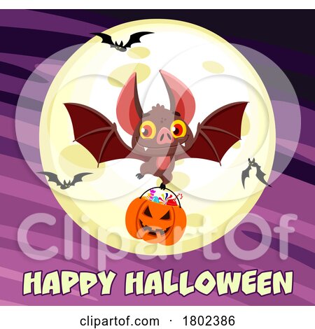 Cartoon Clipart Vampire Bat with a Pumpkin Candy Bucket over a Moon and Happy Halloween Text by Hit Toon
