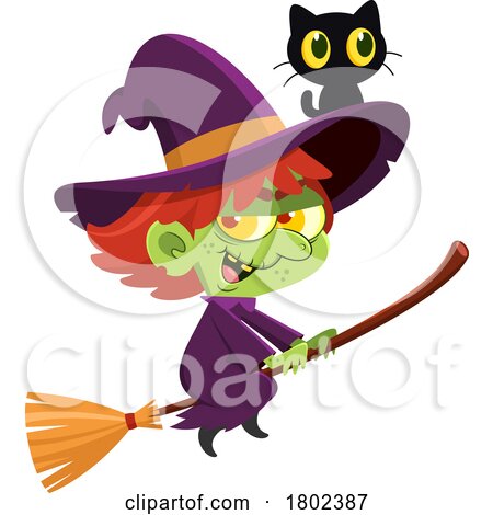 Cartoon Clipart Halloween Witch Flying with a Black Cat on Her Hat by Hit Toon