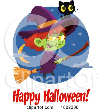 Cartoon Clipart Witch Flying with a Black Cat on Her Hat and Happy Halloween Text by Hit Toon