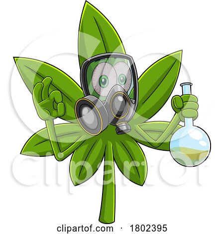 Cartoon Clipart Cannabis Marijuana Pot Leaf Character Wearing a Mask and Holding a Bong by Hit Toon