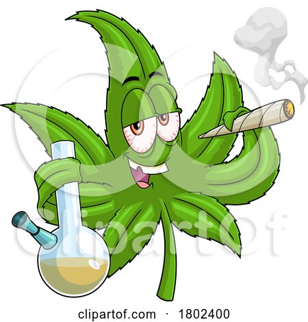 Cartoon Clipart Cannabis Marijuana Pot Leaf Character Smoking a Doobie and Holding a Bong by Hit Toon