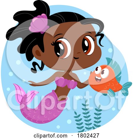 Cartoon Clipart of a Mermaid Swimming with a Fish by Hit Toon