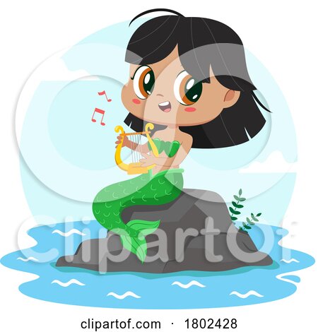 Cartoon Clipart of a Mermaid Playing a Lyre on a Rock by Hit Toon