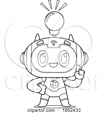 Cartoon Black and White Clipart Robot with an Idea by Hit Toon