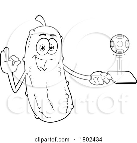 Cartoon Black and White Clipart Pickleball Pickle Mascot with a Paddle by Hit Toon