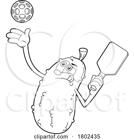 Cartoon Black and White Clipart Pickleball Pickle Mascot with a Paddle by Hit Toon