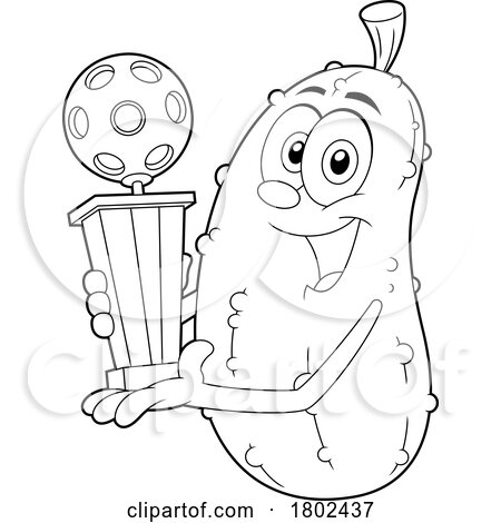 Cartoon Black and White Clipart Pickleball Pickle Mascot Holding a Trophy by Hit Toon