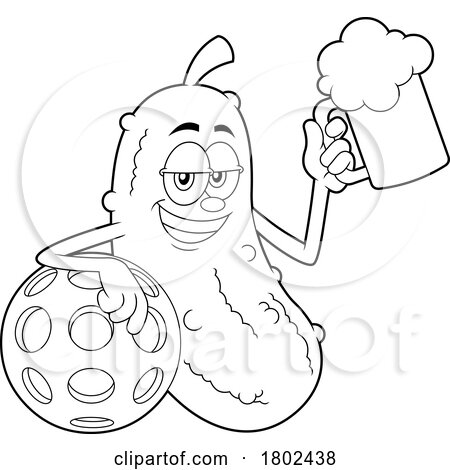 Cartoon Black and White Clipart Pickleball Pickle Mascot Holding a Beer by Hit Toon