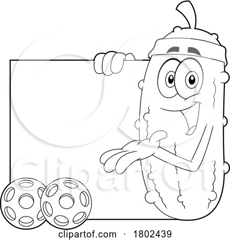 Cartoon Black and White Clipart Pickleball Pickle Mascot Presenting a Sign by Hit Toon
